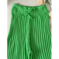 Pantaloni dama din tricot SUBTIRE verde neon cu snur in talie