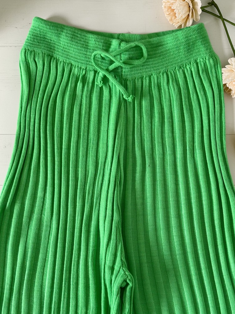 Pantaloni dama din tricot SUBTIRE verde neon cu snur in talie