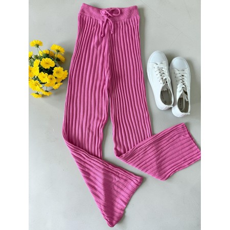 Pantaloni dama din tricot SUBTIRE roz cu snur in talie