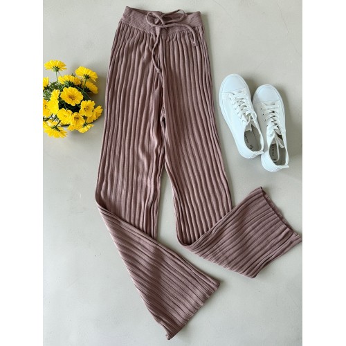 Pantaloni dama din tricot SUBTIRE roz pudra inchis cu snur in talie