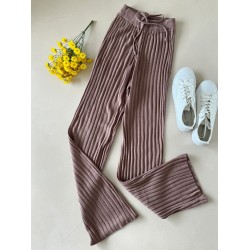 Pantaloni dama din tricot SUBTIRE roz pudra inchis cu snur in talie