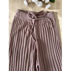 Pantaloni dama din tricot SUBTIRE roz pudra inchis cu snur in talie