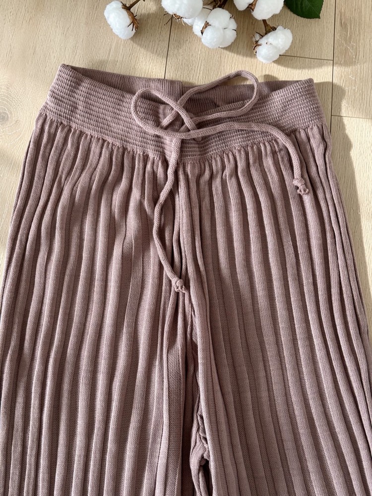 Pantaloni dama din tricot SUBTIRE roz pudra inchis cu snur in talie