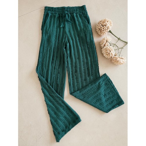 Pantaloni dama din bumbac turcoaz cu aspect creponat foarte versatili