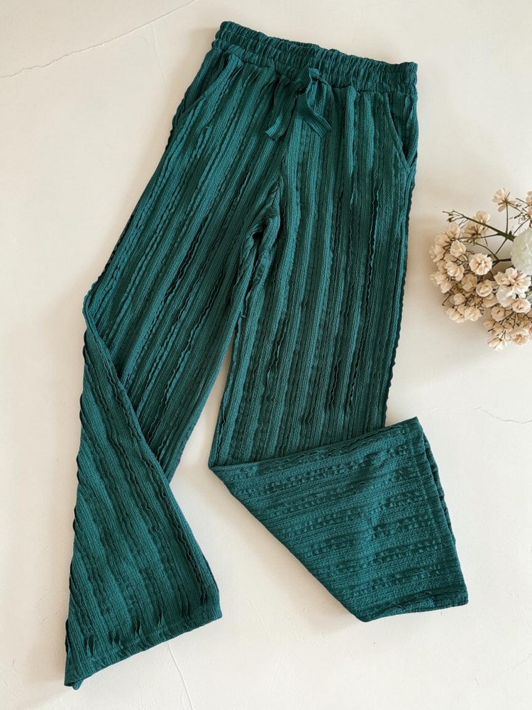 Pantaloni dama din bumbac turcoaz cu aspect creponat foarte versatili