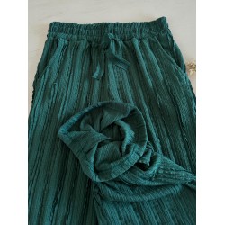 Pantaloni dama din bumbac turcoaz cu aspect creponat foarte versatili