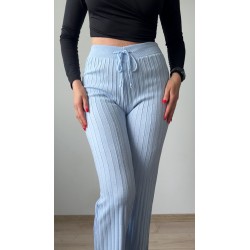 Pantaloni dama din tricot SUBTIRE baby blue cu snur in talie