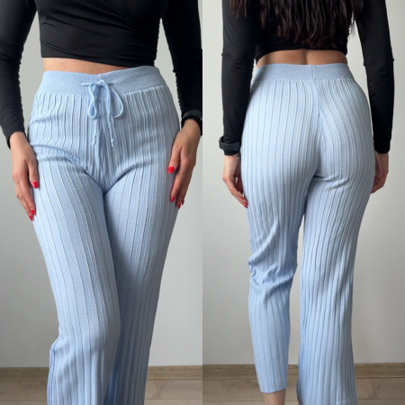 Pantaloni dama din tricot SUBTIRE baby blue cu snur in talie