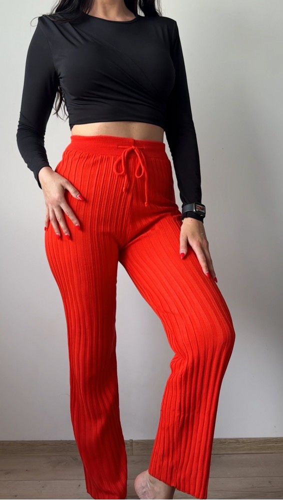 Pantaloni dama din tricot SUBTIRE portocalii cu snur in talie