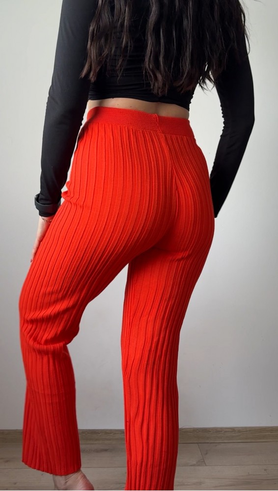 Pantaloni dama din tricot SUBTIRE portocalii cu snur in talie