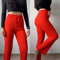 Pantaloni dama din tricot SUBTIRE portocalii cu snur in talie