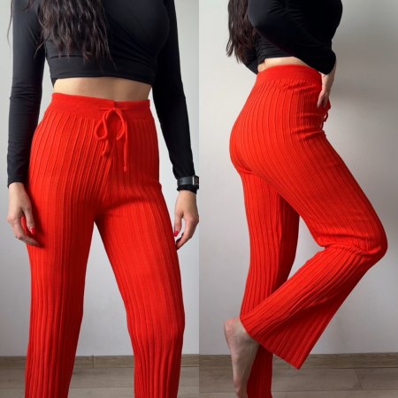 Pantaloni dama din tricot SUBTIRE portocalii cu snur in talie