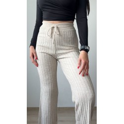 Pantaloni dama din tricot SUBTIRE ivoire inchis cu snur in talie