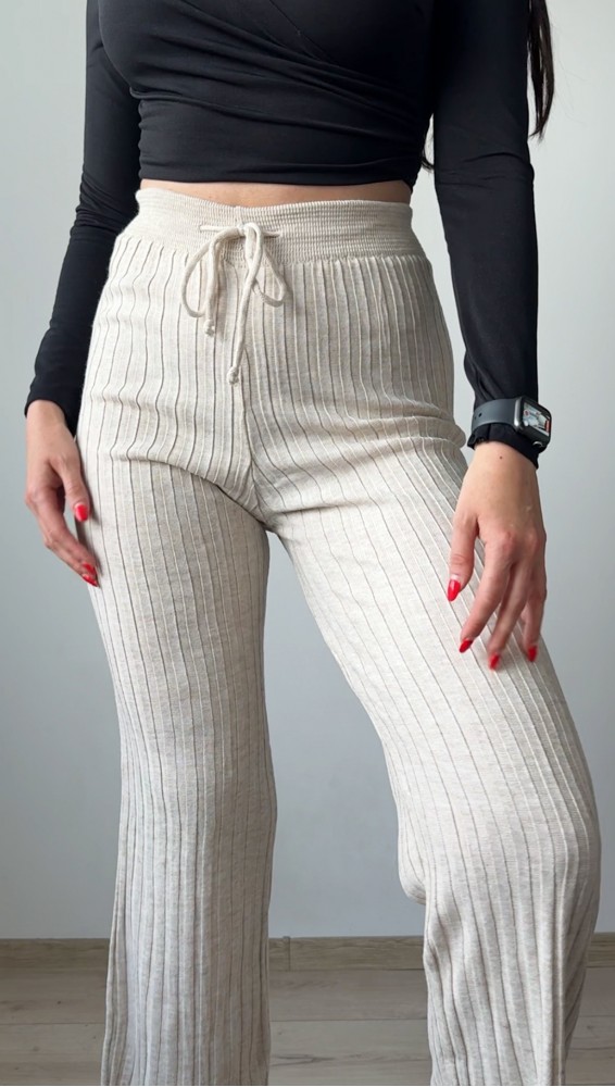 Pantaloni dama din tricot SUBTIRE ivoire inchis cu snur in talie