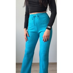 Pantaloni dama din tricot SUBTIRE turcoaz cu snur in talie