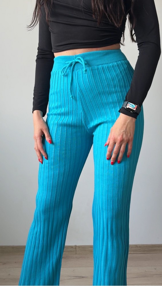 Pantaloni dama din tricot SUBTIRE turcoaz cu snur in talie