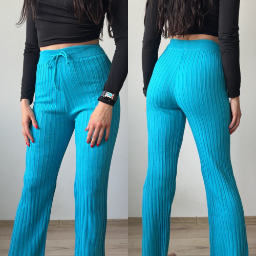 Pantaloni dama din tricot SUBTIRE turcoaz cu snur in talie