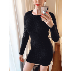Rochie de zi ieftina din tricot neagra scurta cu model impletit