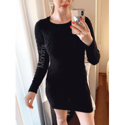 Rochie de zi ieftina din tricot neagra scurta cu model impletit