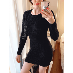 Rochie de zi ieftina din tricot neagra scurta cu model impletit