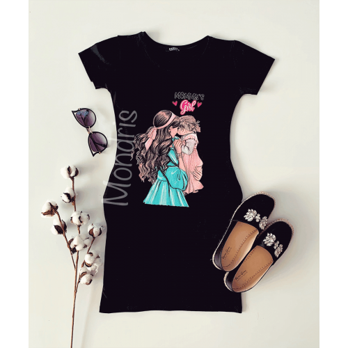 Rochie casual de zi ieftina neagra si imprimeu Mommy's Girl