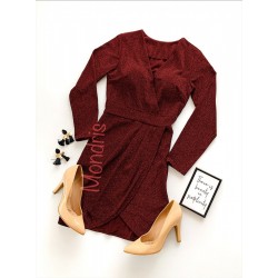 Rochie eleganta scurta stralucitoare visinie cu maneca lunga si decolteu in V