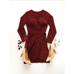 Rochie eleganta scurta stralucitoare visinie cu maneca lunga si decolteu in V