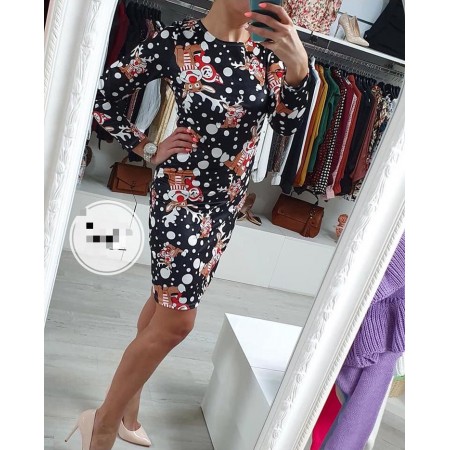 Rochie de Craciun lunga neagra cu maneca lunga si imprimeu Rudolf Funny