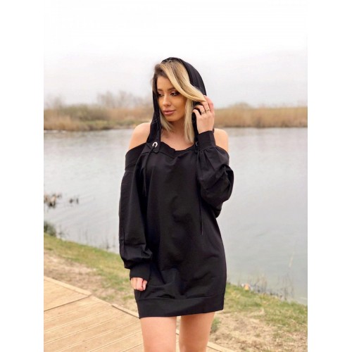 Rochie casual de zi neagra cu maneca lunga, gluga si umerii dezgoliti