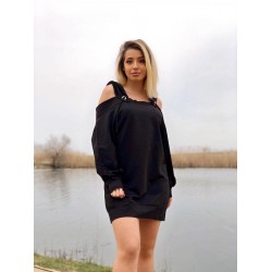 Rochie casual de zi neagra cu maneca lunga, gluga si umerii dezgoliti