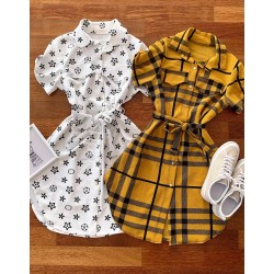Rochie ieftina casual stil camasa galbena si neagra cu dungi si cordon in talie