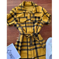 Rochie ieftina casual stil camasa galbena si neagra cu dungi si cordon in talie