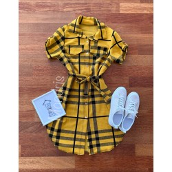 Rochie ieftina casual stil camasa galbena si neagra cu dungi si cordon in talie