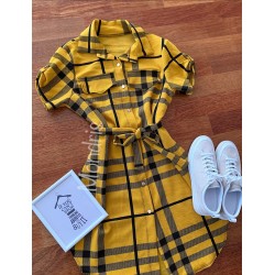 Rochie ieftina casual stil camasa galbena si neagra cu dungi si cordon in talie