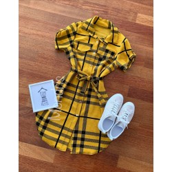 Rochie ieftina casual stil camasa galbena si neagra cu dungi si cordon in talie