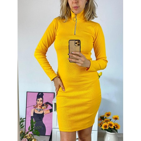 Rochie casual basic galbena reiata cu maneca lunga si fermoar