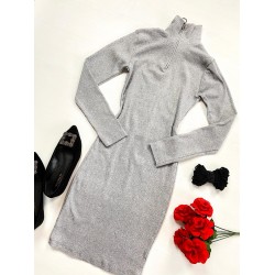 Rochie casual basic gri reiata cu maneca lunga si fermoar