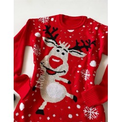 Rochie ieftina din tricot rosie cu model haios de Craciun RUDOLF the red NOSE reindeer