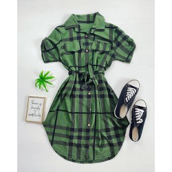 Rochie ieftina casual stil camasa khaki si neagra cu dungi si cordon in talie