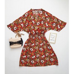 Rochie de zi ieftina rosie cu imprimeu floral si elastic lat in talie