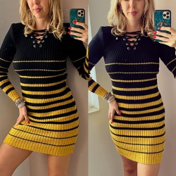 Rochie lunga ieftina din tricot neagra cu 1 dunga galbena cu snur la gat