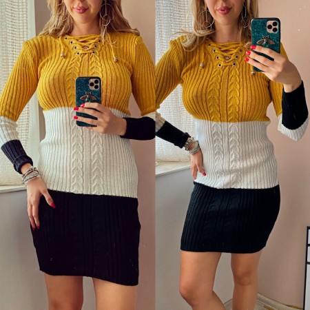Rochie ieftina de zi din tricot galben cu snur la gat si imprimeu 3 culori