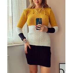 Rochie ieftina de zi din tricot galben cu snur la gat si imprimeu 3 culori