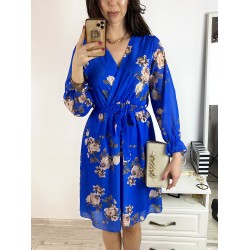 Rochie dama eleganta midi albastra cu pliuri si imprimeu floral boem