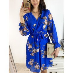 Rochie dama eleganta midi albastra cu pliuri si imprimeu floral boem