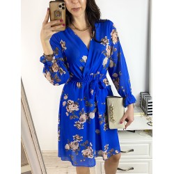 Rochie dama eleganta midi albastra cu pliuri si imprimeu floral boem
