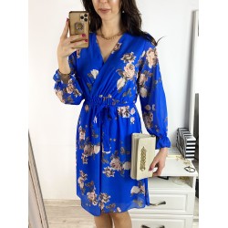 Rochie dama eleganta midi albastra cu pliuri si imprimeu floral boem