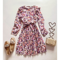 Rochie dama ieftina mov midi cu pliuri si volanase si imprimeu multifloral