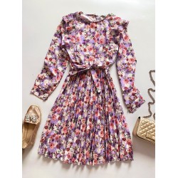 Rochie dama ieftina mov midi cu pliuri si volanase si imprimeu multifloral