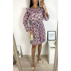 Rochie dama ieftina mov midi cu pliuri si volanase si imprimeu multifloral